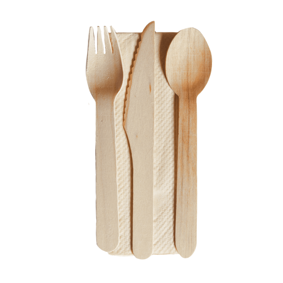 Wooden Knife Fork Dessertspoon Napkin - FSC 100% & FSC Mix